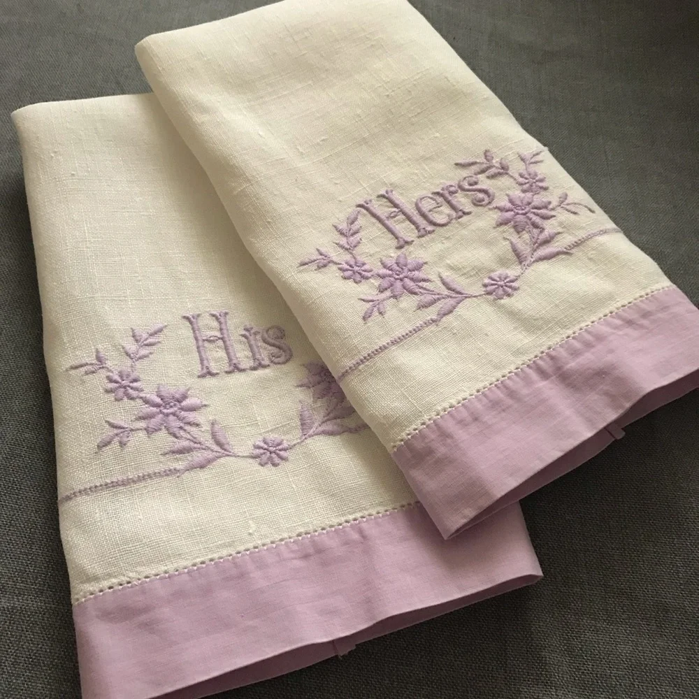 Vintage Embroidered His and Hers Linen Towels - white and lavender